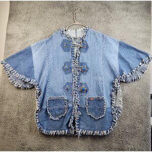 Handmade Denim Patchwork Poncho Jacket Fringe Boho Cottagecore Artwear Large